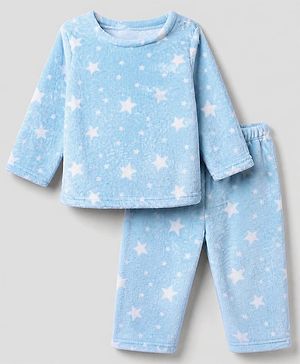 Babyhug Velour Knit Full Sleeves Co-ord T-Shirt & Pajama Winter Night Suit with Stars Print - Light Blue