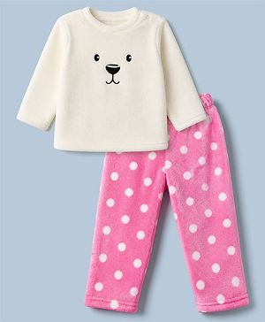 Babyhug Velour Knit Full Sleeves T-Shirt & Pajama Winter Night Suit with Polar Bear Patch & Polka Dots Print - White & Pink