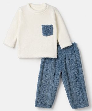 Babyhug Velour Knit Full Sleeves T-Shirt & Pajama Winter Night Suit - White & Blue