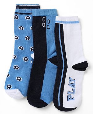 Pine Kids Cotton Mix Knit Calf Length Socks with Play & Cool Text Pack of 3 In Blue