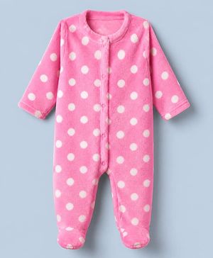 Babyhug Cotton Mixes Velour Knit Full Sleeves Winter Sleep Suit with Polka Dots Print - Pink