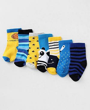 Babyhug Cotton Knit Ankle Length Striped Antibacterial Socks With Panda Design Pack of 7 - Neavy Blue Yellow Blue