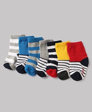 Cute Walk By Babyhug Cotton Knit Anti-bacterial Ankle Length Striped Socks Pack of 7 - Red, White & Black