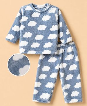 Babyhug Velour Knit Full Sleeves Co-ord T-Shirt & Pajama Winter Night Suit with Clouds Print - Blue