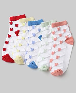 Pine Kids Cotton Knit Ankle Length Socks With Heart Design Pack of 5 - Orange, Red, Blue, Yellow & Green