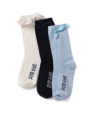 Pine Kids Cotton Mix Below Mid-Calf Length Socks with Pine Kids Text & Lace Detailing in Blue & Black Pack of 3