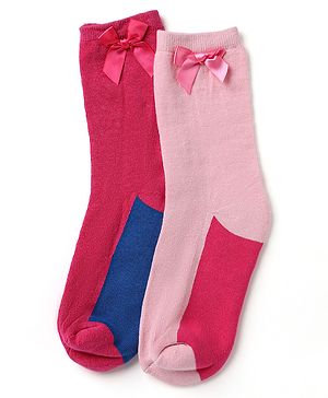 Pine Kids Cotton Knit Mid Calf Length Socks With Bow Applique Pack of 2 - Light Pink & Red