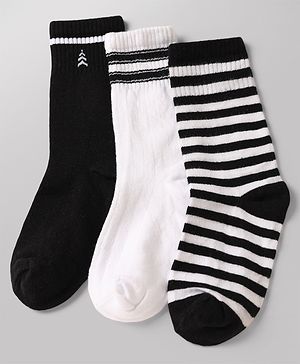 Pine Kids Cotton Knit Ankle Length Striped Socks Set Of 3 - White & Black