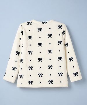 Babyhug Velour Knit Full Sleeves Winter T-Shirt & Pyjama Co-Ords set With Bow Print - White