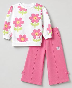 Babyhug 100% Cotton Terry Knit Sweatshirt and Leggings with Full Sleeves and Flower Print - White