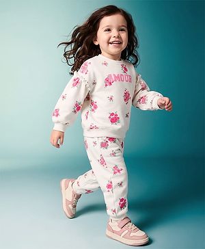 Babyhug 100% Cotton Terry Knit Full Sleeves Sweatshirt & Jogger Set With Floral Print & Amour Text Embroidered - Cream