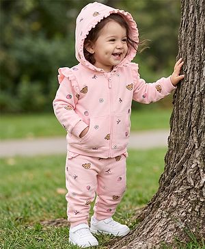 Babyhug 100% Cotton Terry Knit Full Sleeves Hooded Top & Joggers Set With Heart & Floral Print - Pink