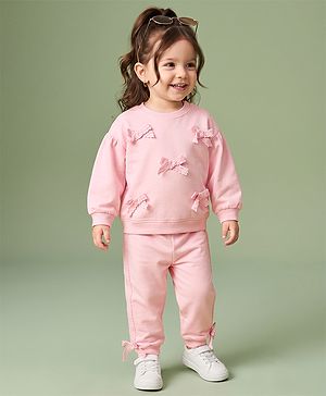 Babyhug 100% Cotton Terry Knit Full Sleeves Sweatshirt and Jogger with Lace Bow Applique - Pink