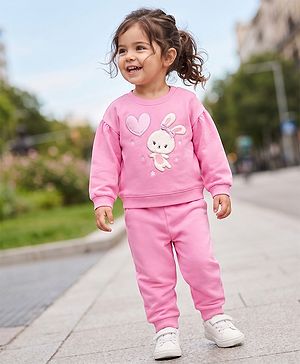 Babyhug 100% Cotton Terry Knit Full Sleeves Top & Joggers Set With Rabbit Patch - Pink
