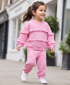 Babyhug 100% Cotton Terry Knit Full Sleeves Frill Detailing With Bow Embroidery Top and Jogger - Pink