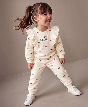 Babyhug 100% Cotton Terry Knit Full Sleeves Bow Printed Top And Bottomwear - Cream & Pink