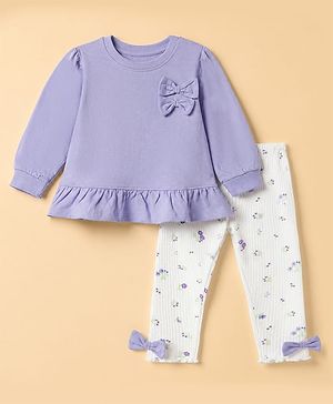 Babyhug 100% Cotton Terry Knit Full Sleeves Top & Leggings Set With Floral Print & Bow Applique - Lavender