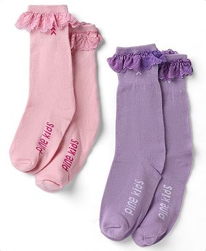 Pine Kids Cotton Nylon Spandex Mid-Calf Length Socks with Frill Detail & Pine Kids Text Pack of 2 - Purple Peach