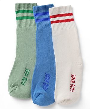 Pine Kids Cotton Nylon Spandex Mid-Calf Length Socks with Stripes & Pine Kids Text Pack of 3 - Green Blue Light Grey