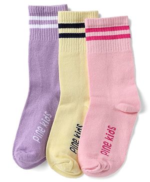 Pine Kids Cotton Nylon Spandex Mid-Calf Length Socks with Stripes & Pine Kids Text Pack of 3 - Purple Yellow Pink