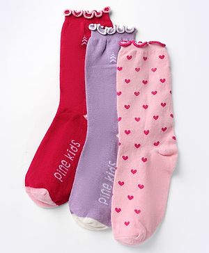 Pine Kids Cotton Nylon Spandex Mid-Calf Length Socks with Heart & Pine Kids Text Design Pack of 3 - Purple Pink Red