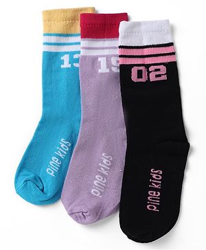 Pine Kids Cotton Nylon Spandex Mid-Calf Length Socks with Stripes & Pine Kids Text Design Pack of 3 - Blue Purple Black