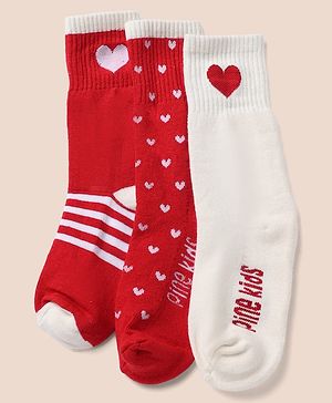 Pine Kids Cotton Mix Knit Socks with Hearts Print in Red & White Pack of 3