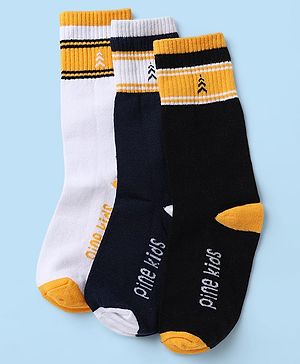 Pine Kids Cotton Nylon Spandex Mid-Calf Length Socks with Stripes & Pine Kids Text Design Pack of 3 - Black White Navy Blue