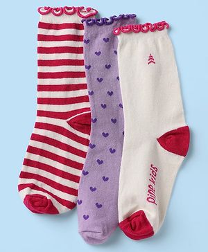 Pine Kids Cotton Nylon Spandex Mid-Calf Length Striped Socks with Heart & Pine Kids Text Design Pack of 3 - Violet Red White