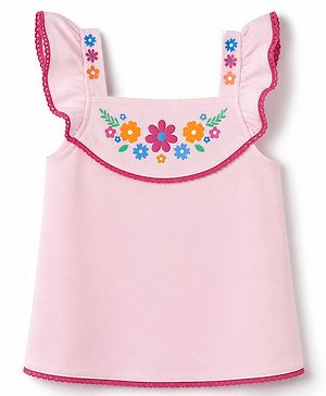Babyhug 100% Cotton Knit Sleeveless Top with Floral Print & Lace Detailing - Pink