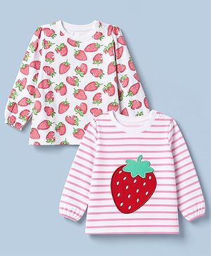 Babyhug 100% Cotton Knit Striped T-Shirts with Full Sleeves and Strawberry Applique Pack of 2 - Pink & Red