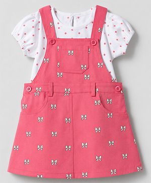 Babyhug Twill Woven Half Sleeves Pinafore Frock and Inner Tee with Bow Print & Polka Dot - Pink