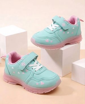 Cute Walk By Babyhug Velcro Closure Sneaker Shoes With Heart Print - Light Blue