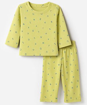 Babyhug 100% Cotton Interlock Knit Full Sleeves Co-Ords T-Shirt & Pyjama Night Suit with Alphabet Print -Oilve Green