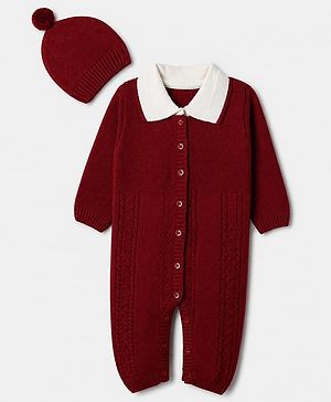 Babyhug Knit Winter Romper and Cap with Full Sleeves - Maroon