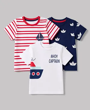 Babyhug Cotton Knit Half Sleeves T-Shirts with Striped & Boat Print Pack of 3 - Red White & Blue