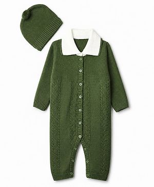 Babyhug Knit Winter Romper and Cap with Full Sleeves - Olive Green