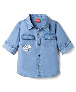 Babyhug Cotton Woven Washed Full Sleeves Denim Shirt with Bear Patch - Blue