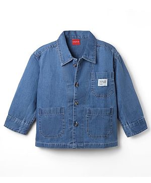 Babyhug 100% Cotton Denim Full Sleeves Washed Shirt With Baseball Is My Place Text Patch - Blue