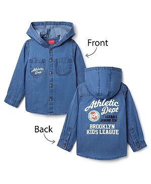 Babyhug 100% Cotton Woven Denim Full Sleeves Hooded Wahed Shirt with Front & Back Athletic Dept Print - Blue
