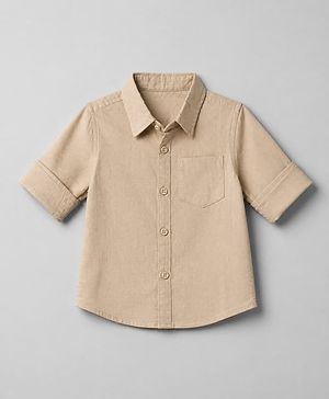 Babyhug 100% Cotton Woven Solid Shirt with Full Sleeves in Beige for 9-12 Months