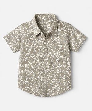 Babyhug 100% Cotton Woven Collar Neck Shirt with Half Sleeves and Leaves Print in Olive Green