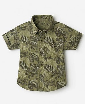 Babyhug 100% Cotton Woven Shirt with Half Sleeves and Leaves Print & Regular Collar Neck in Olive Green