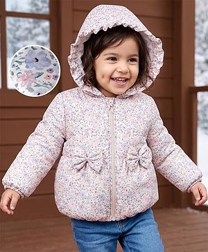 Babyhug Woven Full Sleeves Hooded Padded Floral Printed Jacket with Bow Applique - White