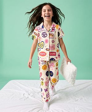 Pine Kids Cotton Knit Half Sleeves Co-Ords Shirt & Pyjama Night Suit with Heart Rainbow & Floral Print - Offwhite