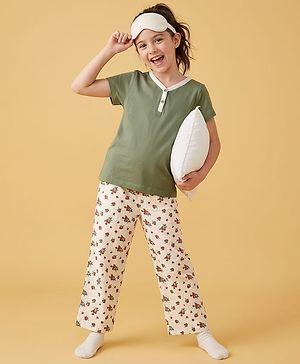 Pine Kids Cotton Knit Half Sleeves T-Shirt & Pyjama Night Suit with Floral Print - Green