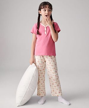 Pine Kids Cotton Knit Half Sleeves T-Shirt & Pyjama Night Suit with Floral Print - Pink