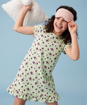 Pine Kids Cotton Knit Half Sleeves Nighty with Floral Print - Limegreen