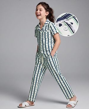 Pine Kids Cotton Knit Half Sleeves Striped Co-Ords Shirt & Pyjama Night Suit with Heart Print - White