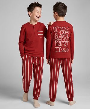 Pine Kids 100% Cotton Single Jersey Knit Full Sleeves T-Shirt & Striped Pyjama Night Suit with Bio Wash - Red